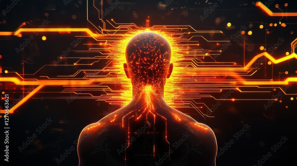Poster a glowing figure with circuitry patterns emanating light, symbolizing the fusion of technology and h