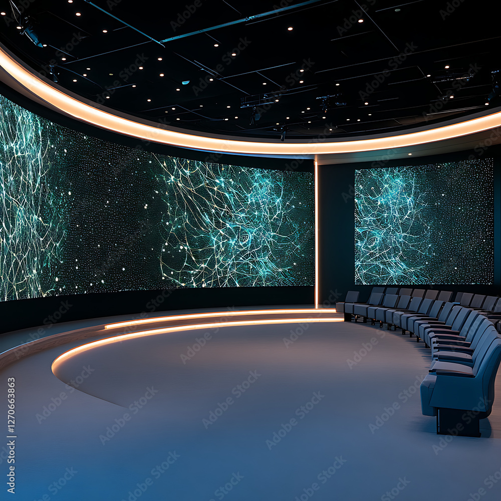 Poster futuristic auditorium with digital display screens and curved rows of seating in a modern venue