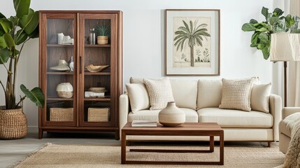 A well-arranged living space featuring a cream-colored sofa, a wooden display cabinet, and natural elements