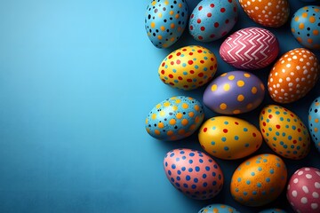 Colorful Easter Eggs on Blue Background for Holiday Greeting Card Design