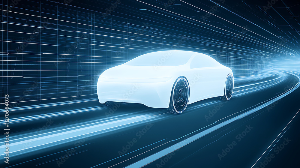 Poster futuristic autonomous vehicle moving through a digital highway with glowing speed effects