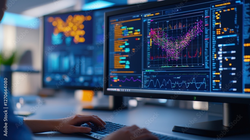 Poster a person analyzes data on dual monitors displaying colorful graphs and charts in a modern workspace.