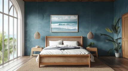 A well-decorated bedroom featuring framed watercolor paintings of gentle ocean waves, inspiring calmness