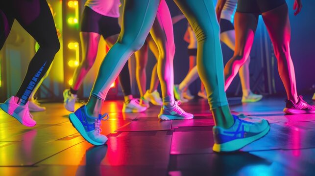 Vibrant Group Aerobics Session with Colorful Fitness Steps