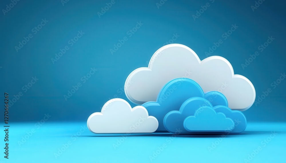 Poster a collection of stylized clouds in various shades of blue against a solid blue background, creating 
