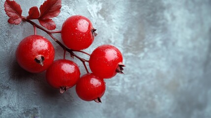 Bright red hawthorn berries with water droplets on a grey background. Generative AI