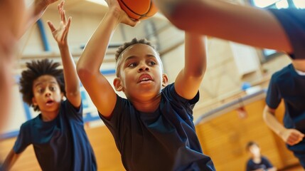 Schoolchildren Engaged in Exciting Basketball Game in Gymnasium