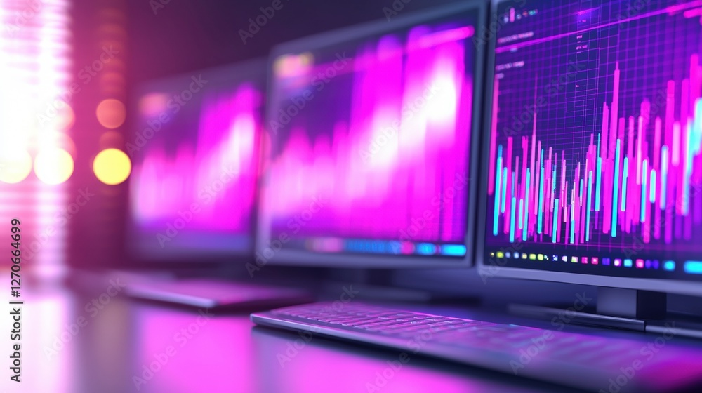 Poster a vibrant display of three monitors featuring colorful data visualizations and graphs, set against a