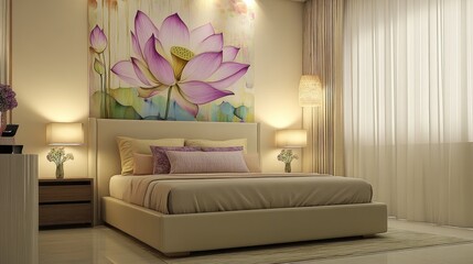 A well-organized bedroom with artistic lotus flower prints, enhancing mindfulness and wealth