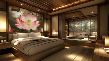 A well-organized bedroom with artistic lotus flower prints, enhancing mindfulness and wealth