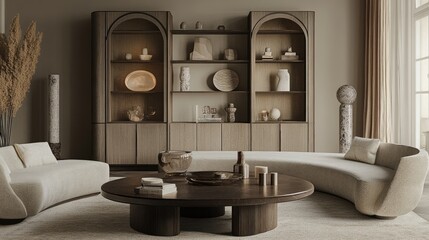 A well-organized living space with a modern sofa and an elegant display cabinet showcasing decor