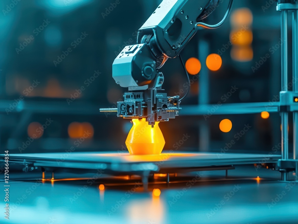 Poster advanced robotic arm performing precision work on metal component highlighting technology innovation