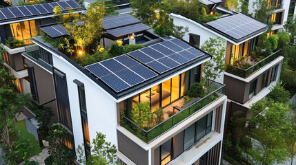 A row of houses with solar panels on the roofs