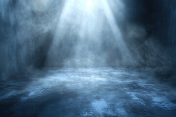 Fototapeta premium Smoky Stage Spotlight, Empty Room, Blue Floor, Dramatic Lighting, Product Background