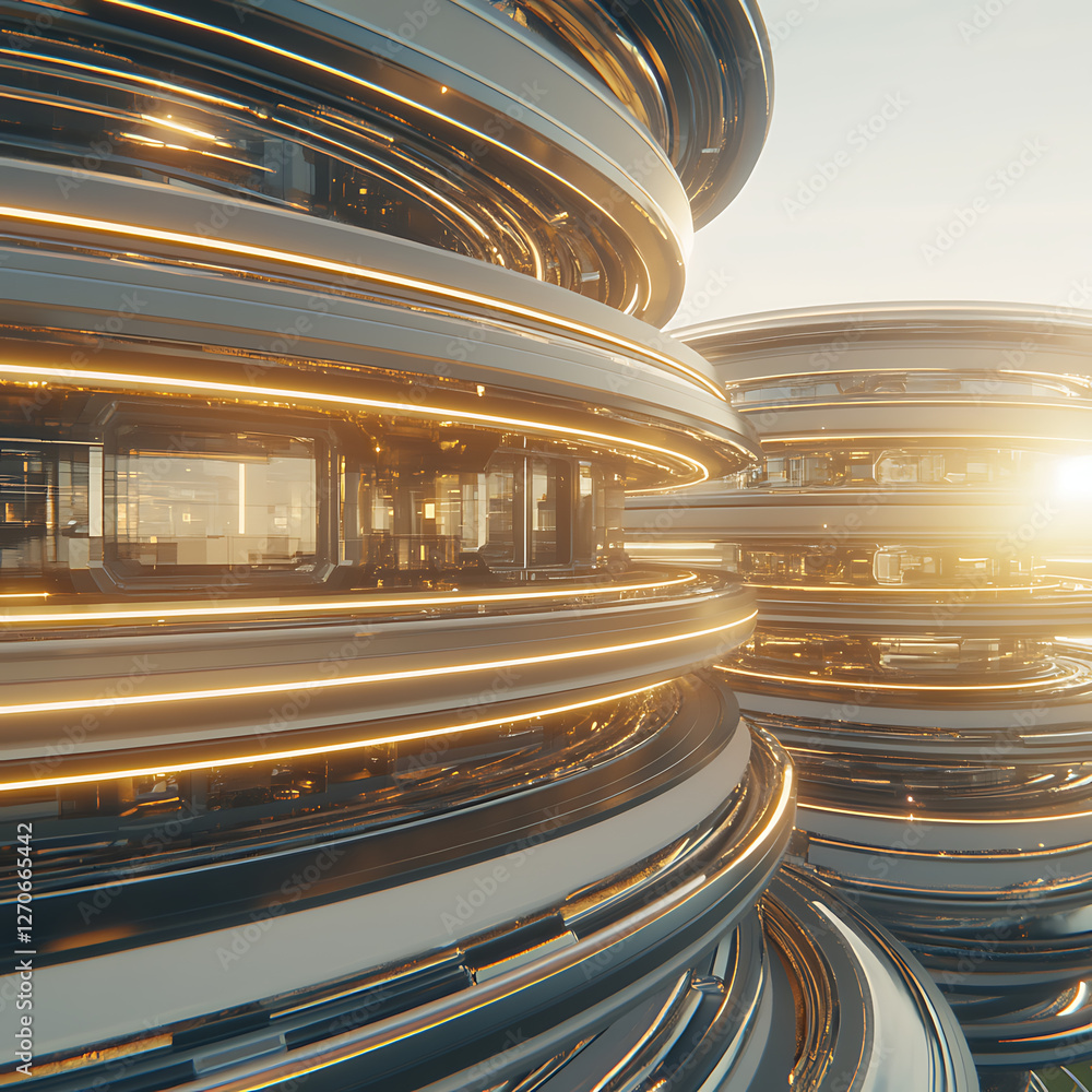 Aufkleber futuristic circular structures reflecting bright light modern architecture and design innovation