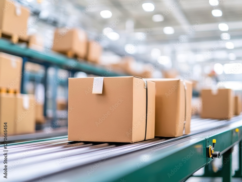 Poster efficient factory production line with boxes on conveyors highlighting streamlined operations and in