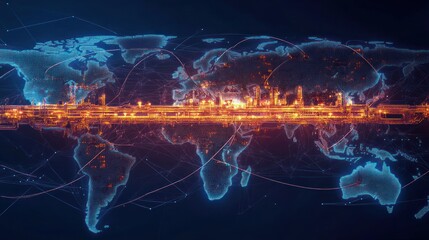 Global interconnected city network, glowing digital map of world with highlighted industrial areas.