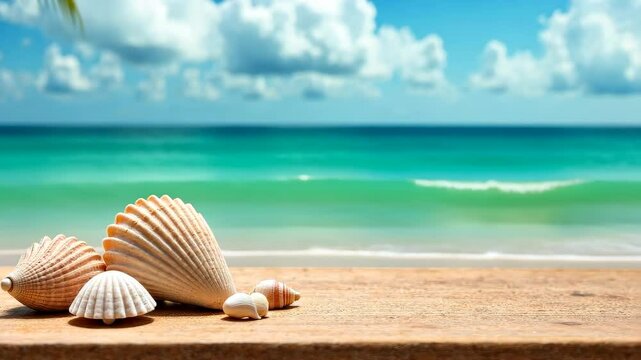 4k frame of seashells lying on a table with the sea in the background