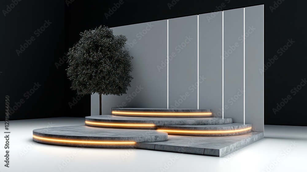 Poster abstract podium with tree: a modern, abstract podium with a stylish tree, showcasing a minimalistic 