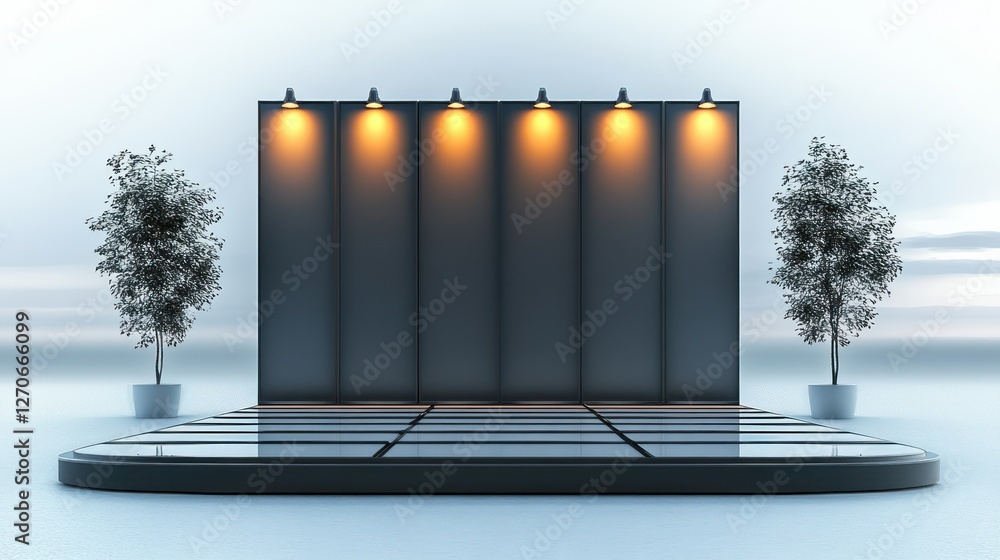 Poster empty stage: a contemporary stage with a backdrop illuminated by spotlights, flanked by potted trees