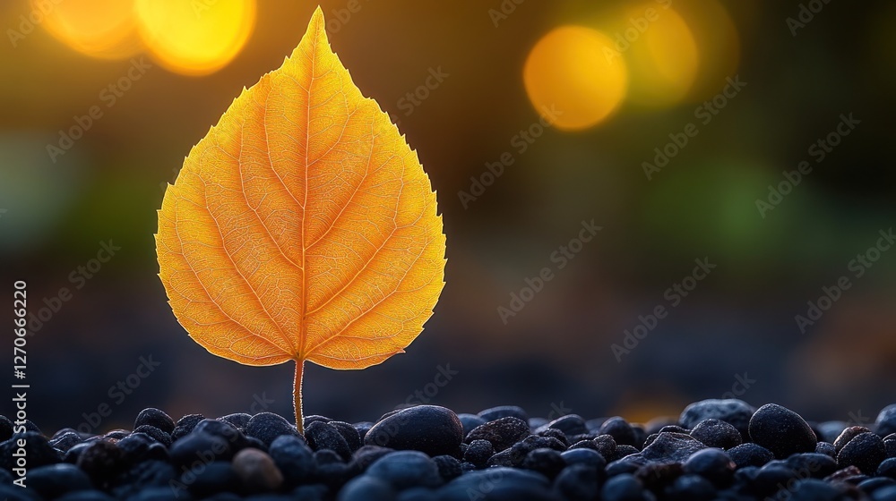 Wall mural Golden leaf on pebbles at sunrise