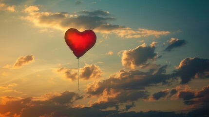 Fototapeta premium Heart-shaped balloon drifting among clouds at sunset, embodying dreams and freedom