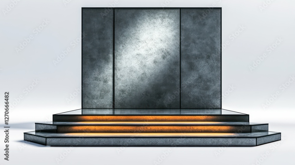 Poster modern stage and spotlight: a minimalistic stage with a textured backdrop, illuminated by a focused 