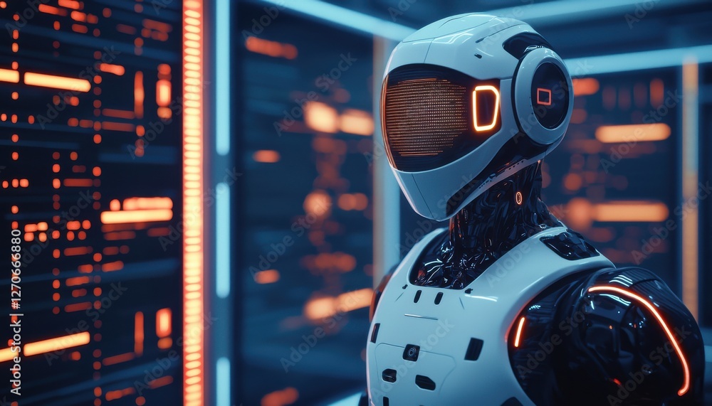 Poster a futuristic robot stands in a high-tech environment, illuminated by glowing lines and digital displ
