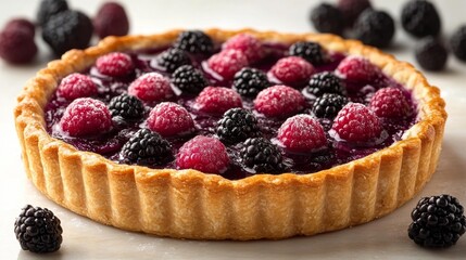 Delicious Berry Tart with Blackberries and Raspberries on a White Surface. Generative AI