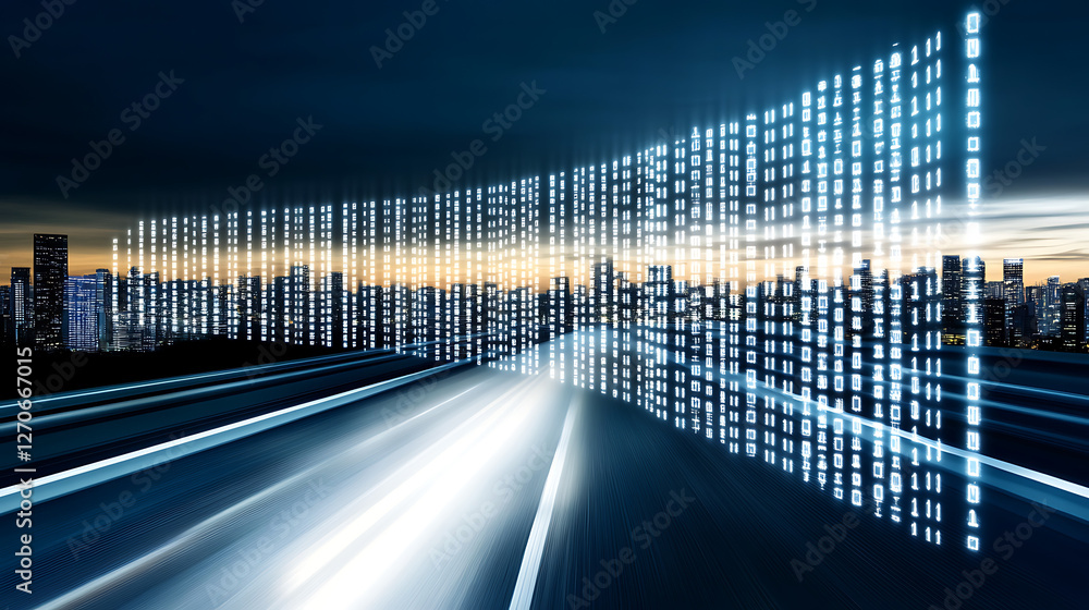 Aufkleber futuristic cityscape data stream network connection over highway at twilight