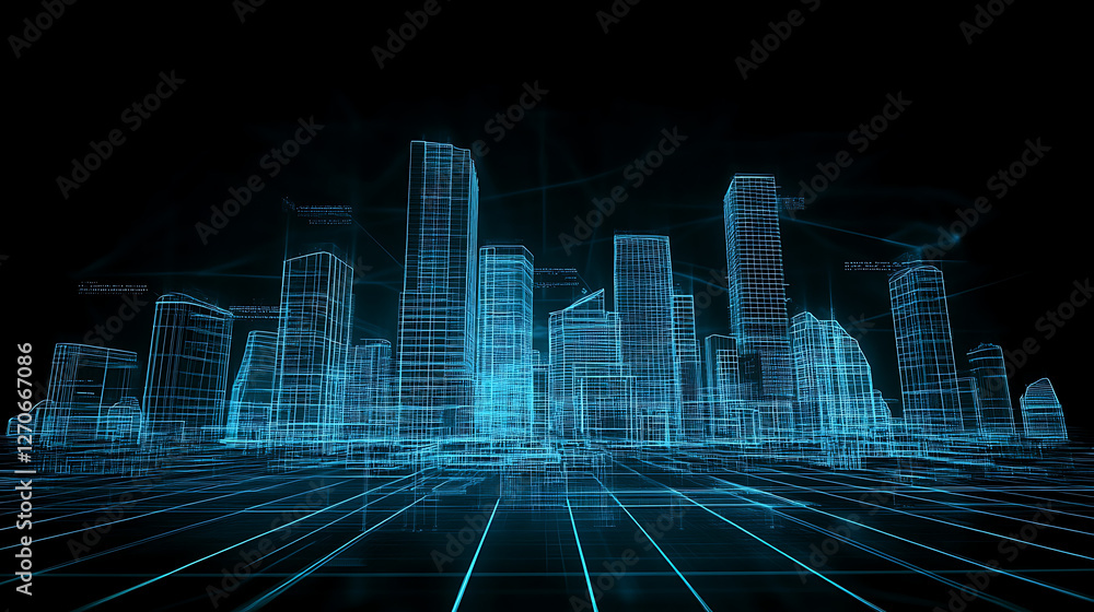 Poster futuristic cityscape digital grid network connection abstract tech visualization