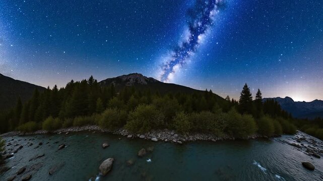 Milky way arc over mountain river in the middle of the forest on a long exposure - 360 loop video