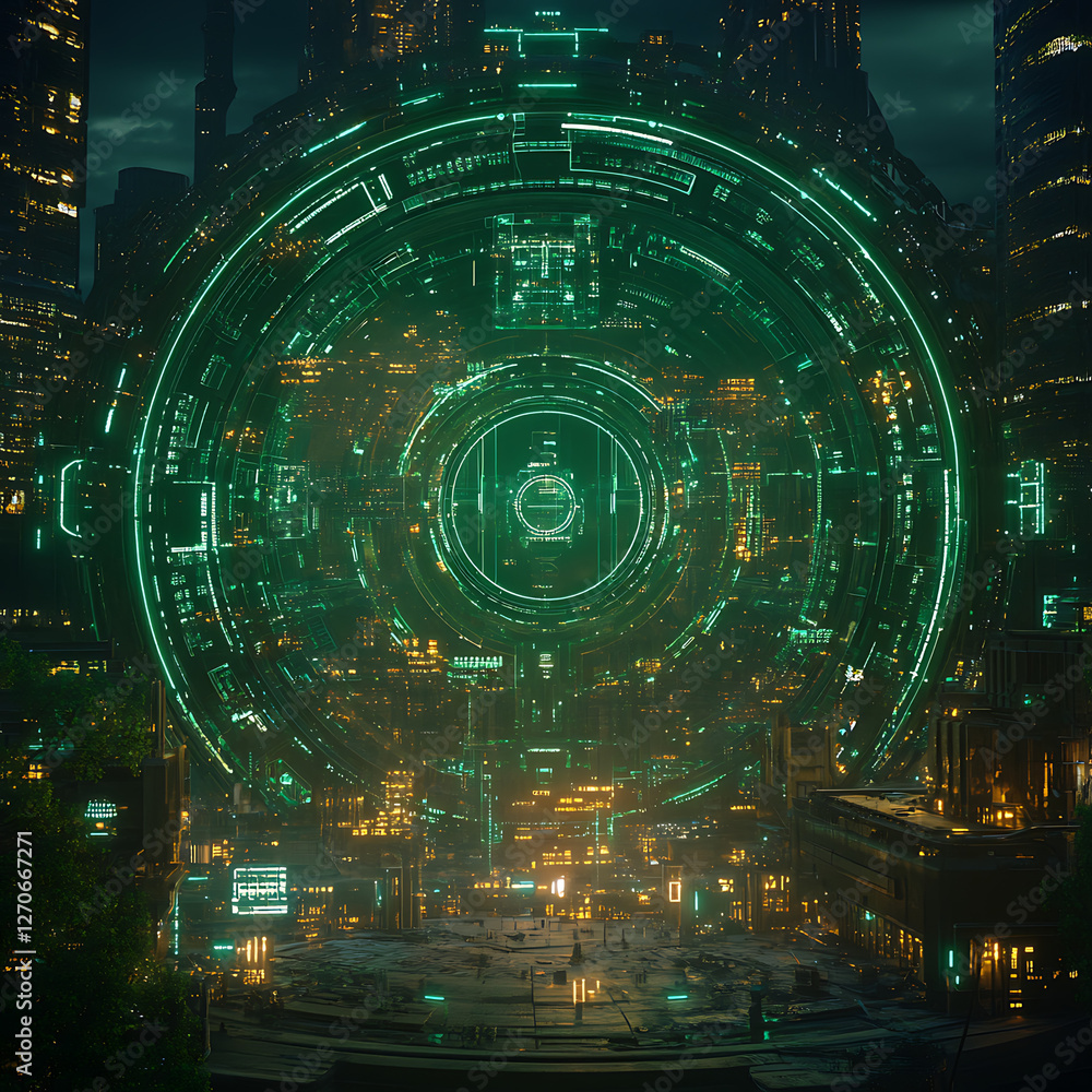 Poster futuristic cityscape featuring a circular portal with green digital circuitry pattern glow