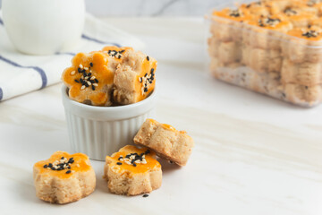 Kue Kacang or peanut cookies. cookies for eid mubarak. Perfect for recipe, article, catalogue, or any commercial purposes. With copy space.