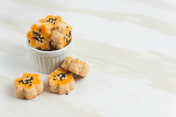 Kue Kacang or peanut cookies. cookies for eid mubarak. Perfect for recipe, article, catalogue, or any commercial purposes. With copy space.