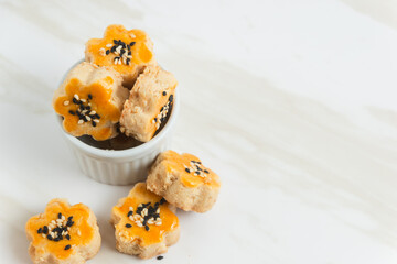 Kue Kacang or peanut cookies. cookies for eid mubarak. Perfect for recipe, article, catalogue, or any commercial purposes. With copy space.