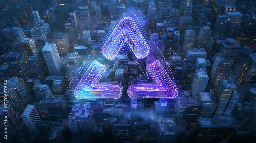 Poster futuristic cityscape neon network triangles with digital texture and technological pattern