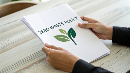 Promoting sustainable zero waste policy document eco-friendly office informative content natural lighting close-up view environmental awareness