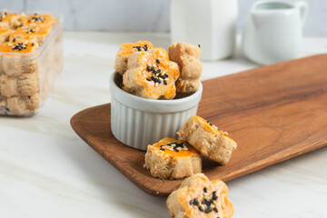 Kue Kacang or peanut cookies. cookies for eid mubarak. Perfect for recipe, article, catalogue, or any commercial purposes. With copy space.