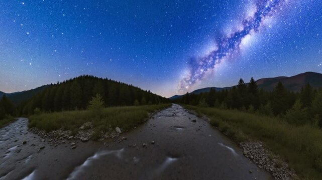 Milky way arc over mountain river in the middle of the forest on a long exposure - 360 loop video