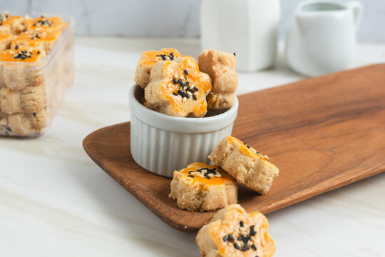 Kue Kacang or peanut cookies. cookies for eid mubarak. Perfect for recipe, article, catalogue, or any commercial purposes. With copy space.