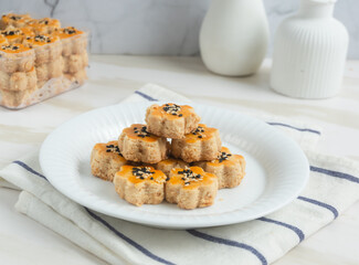 Kue Kacang or peanut cookies. cookies for eid mubarak. Perfect for recipe, article, catalogue, or any commercial purposes. With copy space.