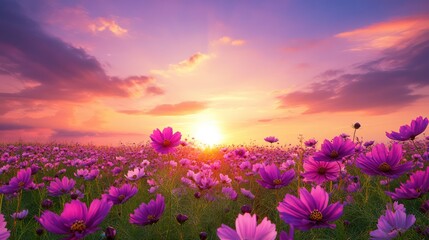Fototapeta premium Sunset Over a Field of Pink Flowers