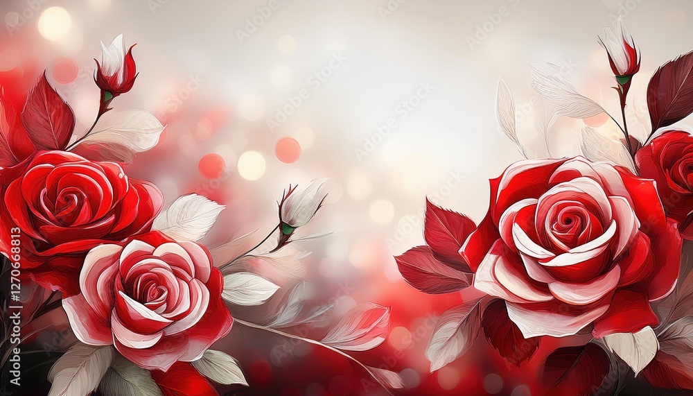 Poster red roses blooming on abstract background with bokeh effect