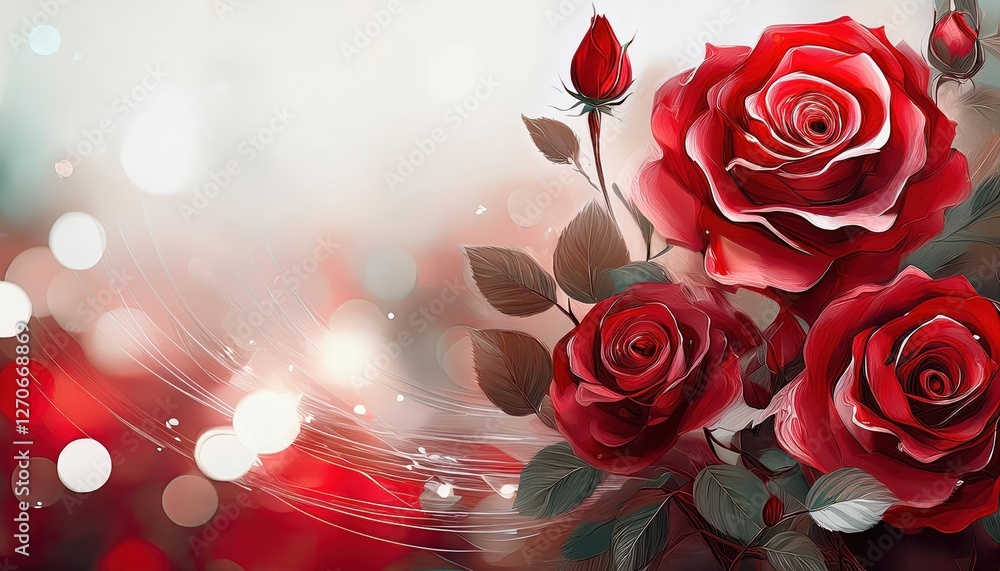 Poster red roses blooming on abstract background with bokeh effect