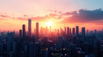 Fototapeta premium A stunning city skyline under a vibrant sunset, showcasing tall buildings against a colorful sky filled with clouds.