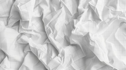 a piece of crumpled white paper with a delicate grid overlay, depicted in hyper-realistic detail. The folds and creases should be highlighted by soft