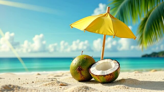 coconuts under an umbrella on a beach surrounded by palm trees
