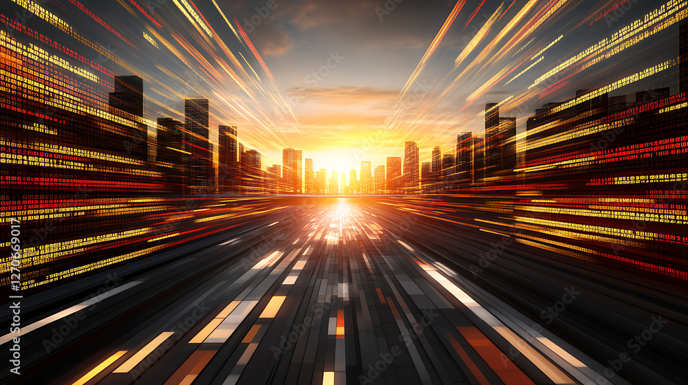 Aufkleber futuristic cityscape with digital streams and glowing horizon visualization display backdrop
