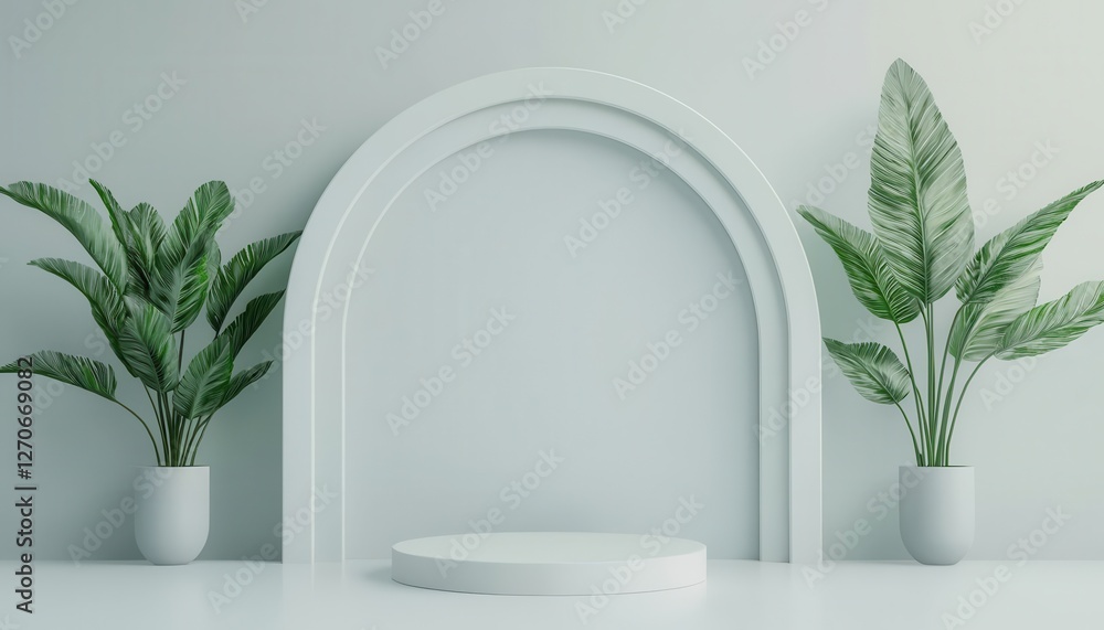 Aufkleber a minimalistic interior scene featuring an archway with potted plants on either side, creating a ser